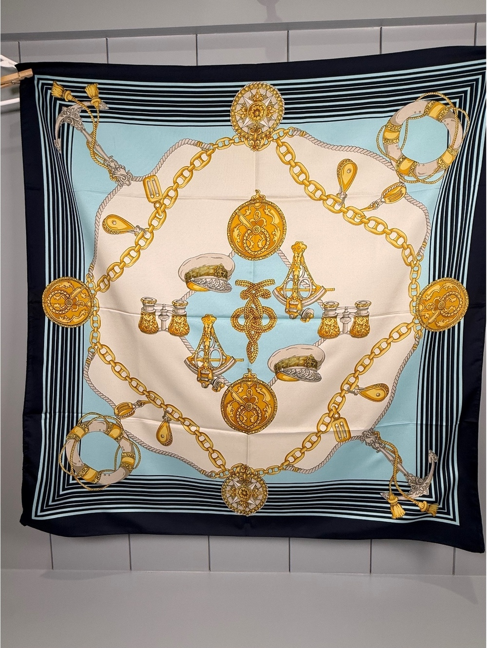 Eximious London Vintage Silk Scarf with Gold Chain and Nautical Print
